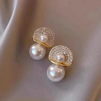 Gold Plated Simple Large Pearl Inlaid Diamond Small Luxury Stud Earrings