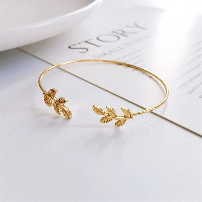 Gold Plated Simple Leaves Open-ended Bangle