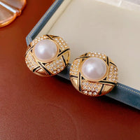 Gold Plated Simple Style Round Inlay Pearl Zircon Big Statement Stud Earring