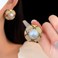Gold Plated Simple Style Round Inlay Pearl Zircon Big Statement Stud Earring