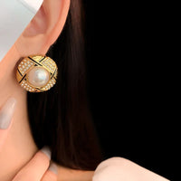 Gold Plated Simple Style Round Inlay Pearl Zircon Big Statement Stud Earring