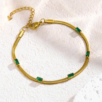 Gold Plated Stainless Steel  Snake Chain Green Emerald Studded Bracelet