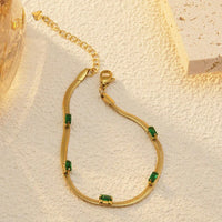 Gold Plated Stainless Steel  Snake Chain Green Emerald Studded Bracelet