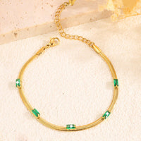 Gold Plated Stainless Steel  Snake Chain Green Emerald Studded Bracelet