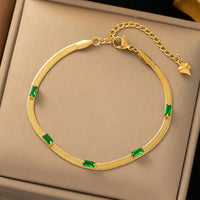 Gold Plated Stainless Steel  Snake Chain Green Emerald Studded Bracelet