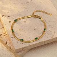 Gold Plated Stainless Steel  Snake Chain Green Emerald Studded Bracelet