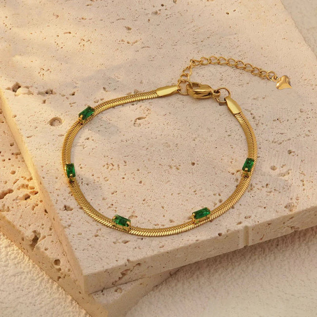 Gold Plated Stainless Steel  Snake Chain Green Emerald Studded Bracelet