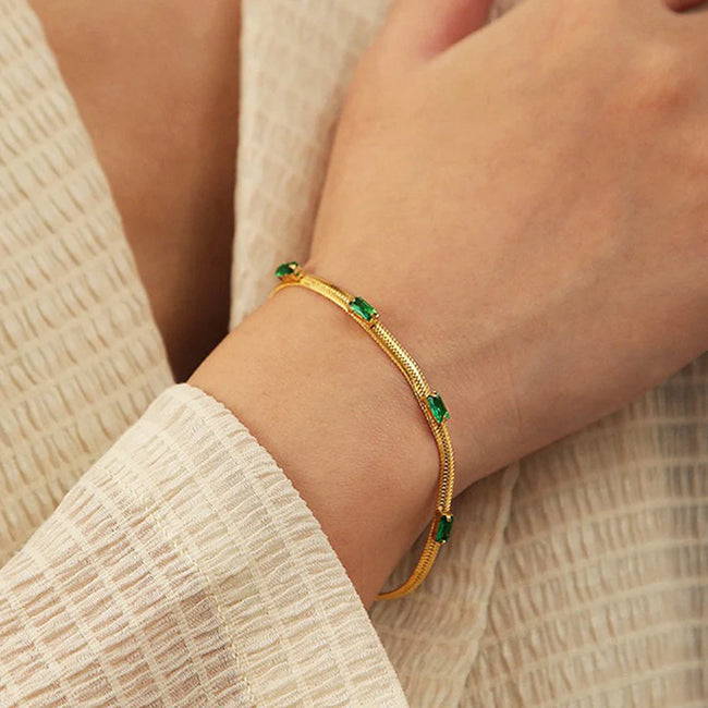 Gold Plated Stainless Steel  Snake Chain Green Emerald Studded Bracelet