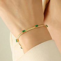 Gold Plated Stainless Steel  Snake Chain Green Emerald Studded Bracelet