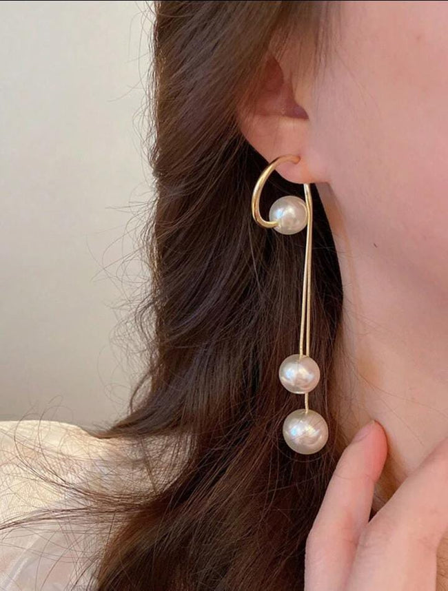 Gold Plated Statement Pearl Drops Long Earrings