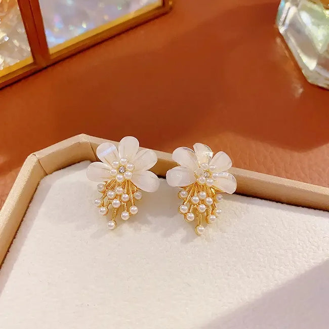 Gold Plated Super Fairy Flower Pistil Pearl Stud Earrings