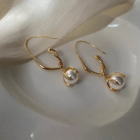 Gold Plated Twisted Line Geometric Pearl Drop Elegant Hoop Earrings For Women