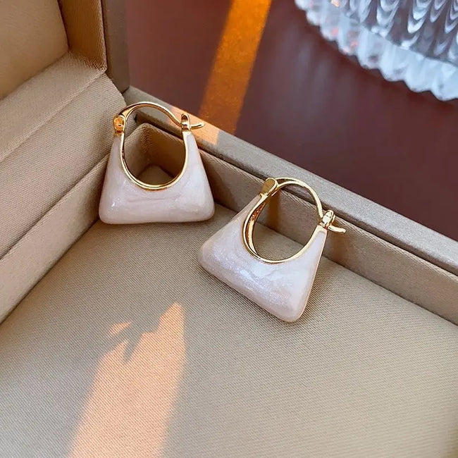 Gold Plated U Shaped White Enamel Handbag Dangle Earrings