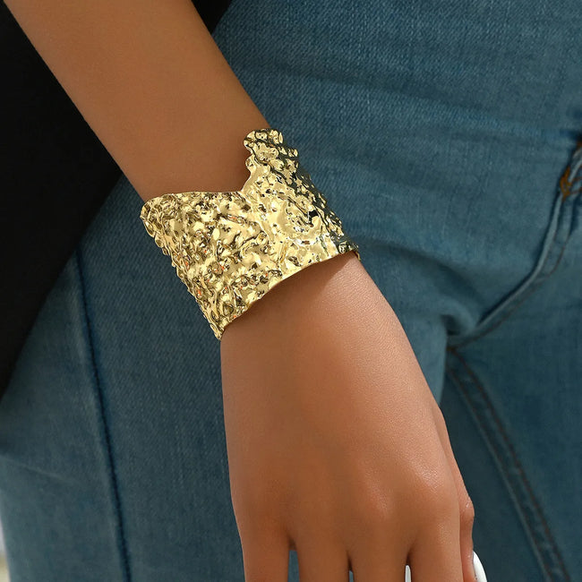 Gold Plated Uneven Texture Metal Warrior Bangle Bracelet