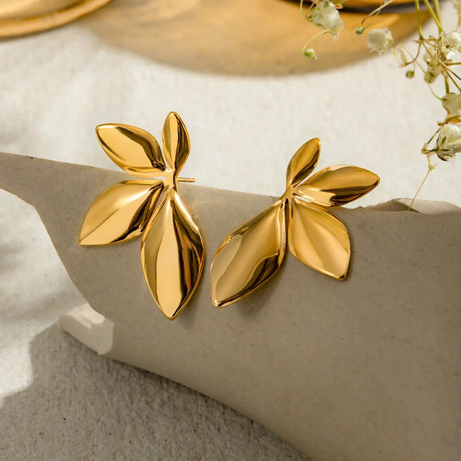 Gold Plated Vintage Flowers Leaf Shaped Stud Earrings