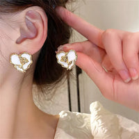 Gold Plated White Color Heart Shape Flower Studs Earring