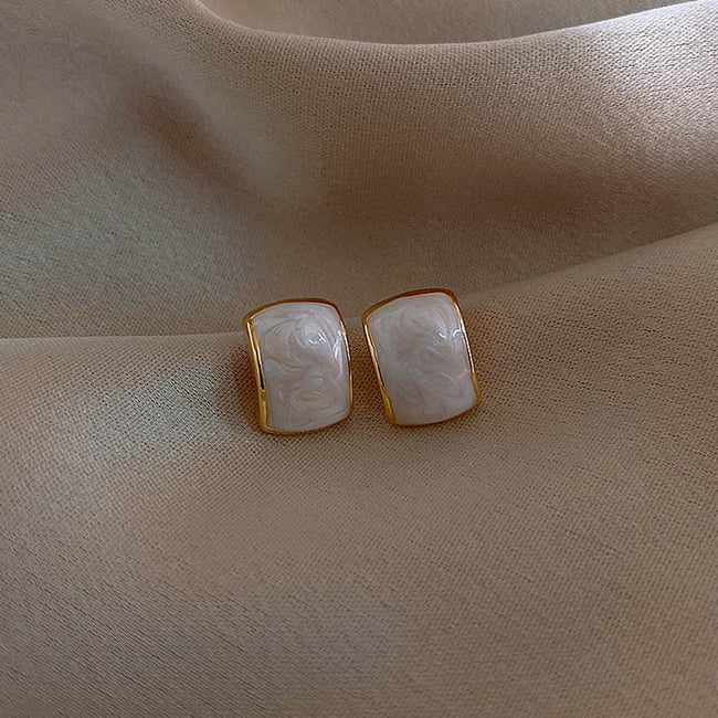 Gold Plated White Color Rectangle Shape Stud Earring