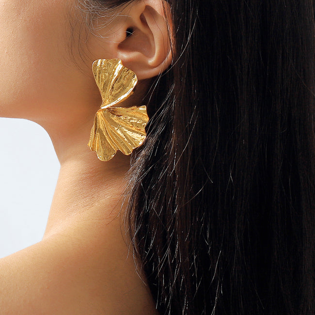 Gold Plating Vintage Style Exaggerated Ginkgo Leaf Stud Earring