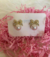 Gold Plated Cute Bow Knot Inlay Pearl Rhinestones Stud Earring