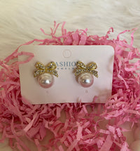Gold Plated Cute Bow Knot Inlay Pearl Rhinestones Stud Earring