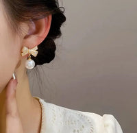 Gold Plated Rhinestones Bow Pearl Drop Earring