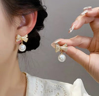 Gold Plated Rhinestones Bow Pearl Drop Earring