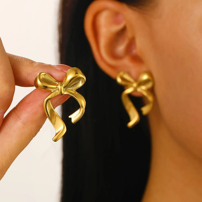 Golden Bow Anti-Tarnish Stud Earrings