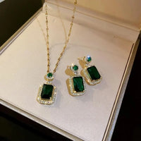 Green Emerald Style 18K Gold Plated Alloy Necklace Earrings Finger Ring Set