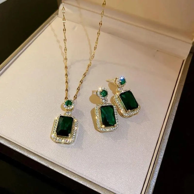 Green Emerald Style 18K Gold Plated Titanium Steel Anti-Tarnish Necklace Earrings Set