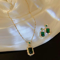 Green Emerald Style 18K Gold Plated Alloy Necklace Earrings Finger Ring Set