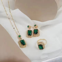 Green Emerald Style 18K Gold Plated Alloy Necklace Earrings Finger Ring Set