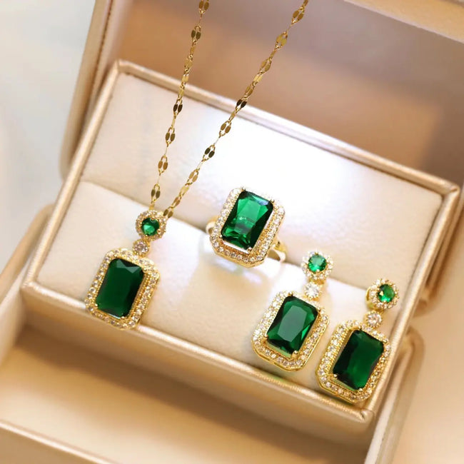Green Emerald Style 18K Gold Plated Alloy Necklace Earrings Finger Ring Set
