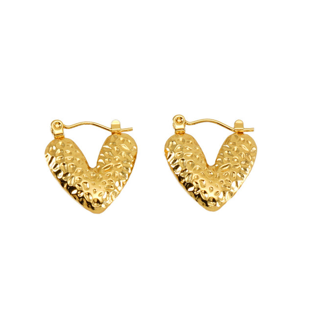 Anti-Tarnish Stainless Steel 18K Gold Plated Hammered Pattern Heart Shaped Hoop Earring