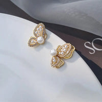 Gold Plated White Pearl Butterfly Stud Earrings For Women
