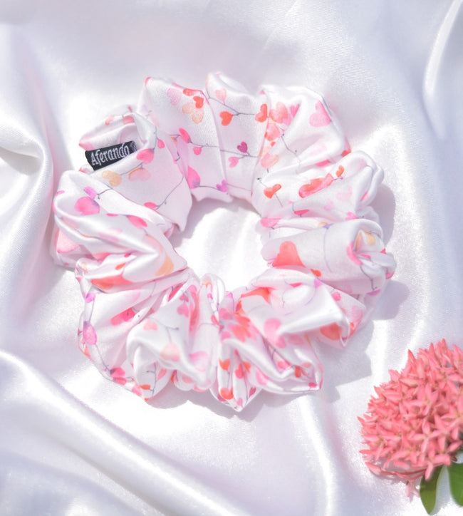 Heart Flower Print Premium Quality Satin Scrunchie