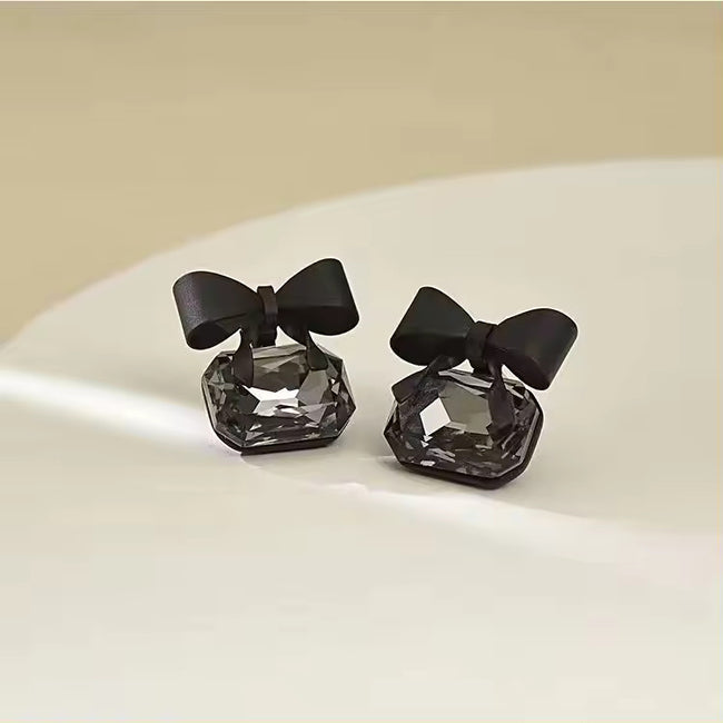 Korean Black Bow Crystal Stud Earrings