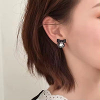 Korean Black Bow Crystal Stud Earrings