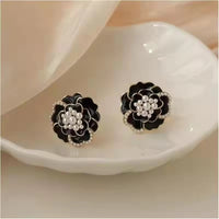 Korean Fashion Black Pearl Camellia Flower Earrings