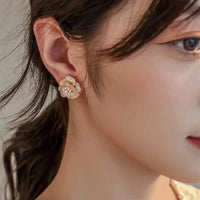 Korean Fashion White Pearl Camellia Flower Earrings
