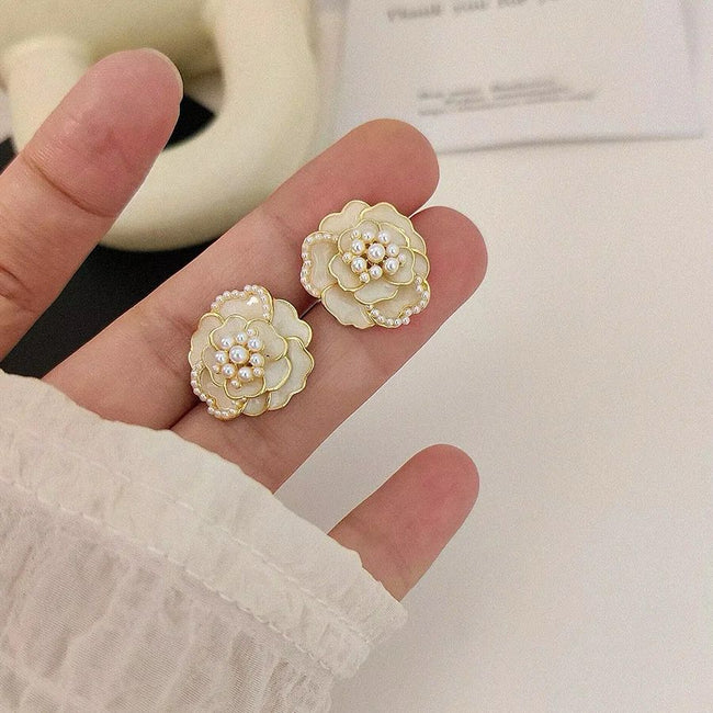 Korean Fashion White Pearl Camellia Flower Earrings