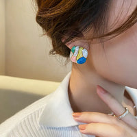 Korean Style Color Block Square Stud Earring For Women