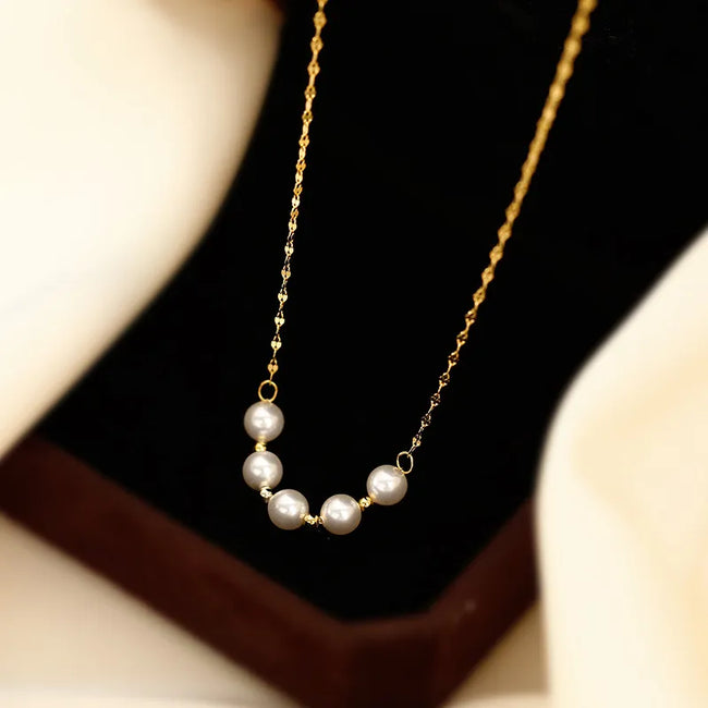 Korean Style Round Pearl Anti-Tarnish Gold Plated Titanium Steel Necklace