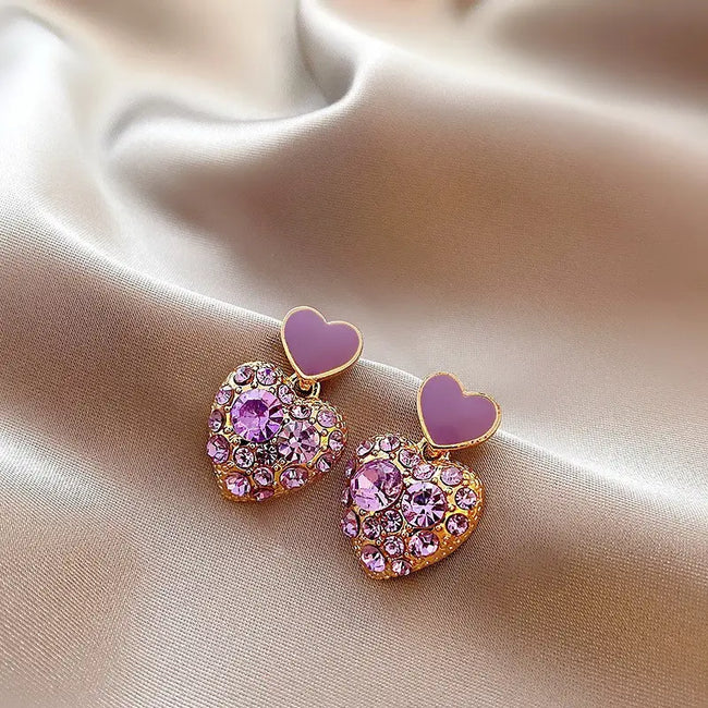 Lavender Color Heart Shaped Rhinestone Drop Earring