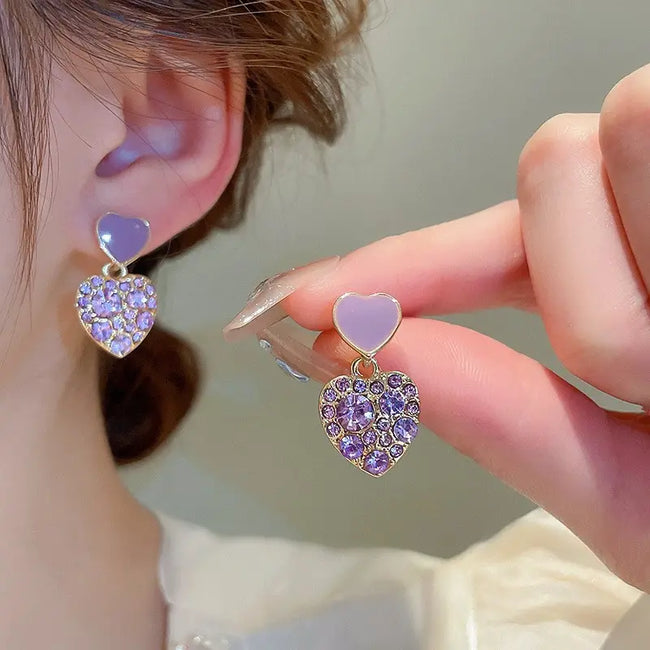 Lavender Color Heart Shaped Rhinestone Drop Earring