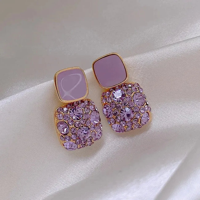 Lavender Purple Shiny Diamond Geometric Drop Earrings for Women