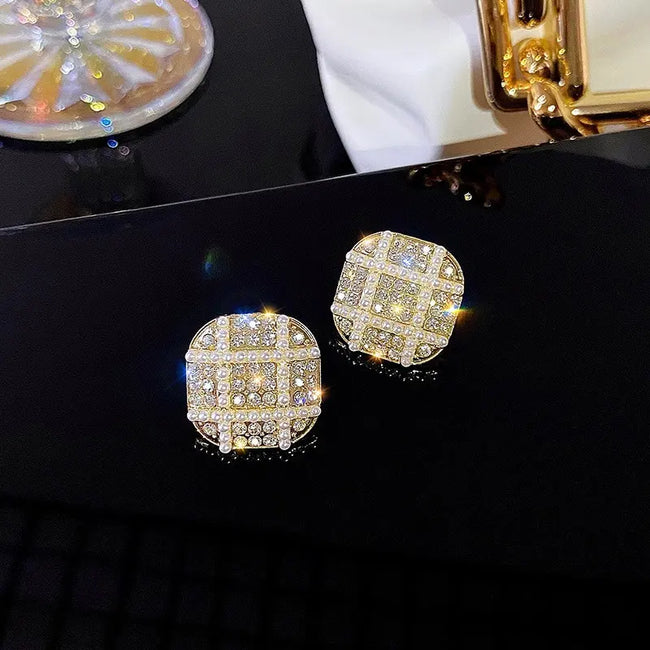 Light Luxury Geometric Full Diamond Studded Pearl Stud Earrings