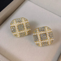 Light Luxury Geometric Full Diamond Studded Pearl Stud Earrings