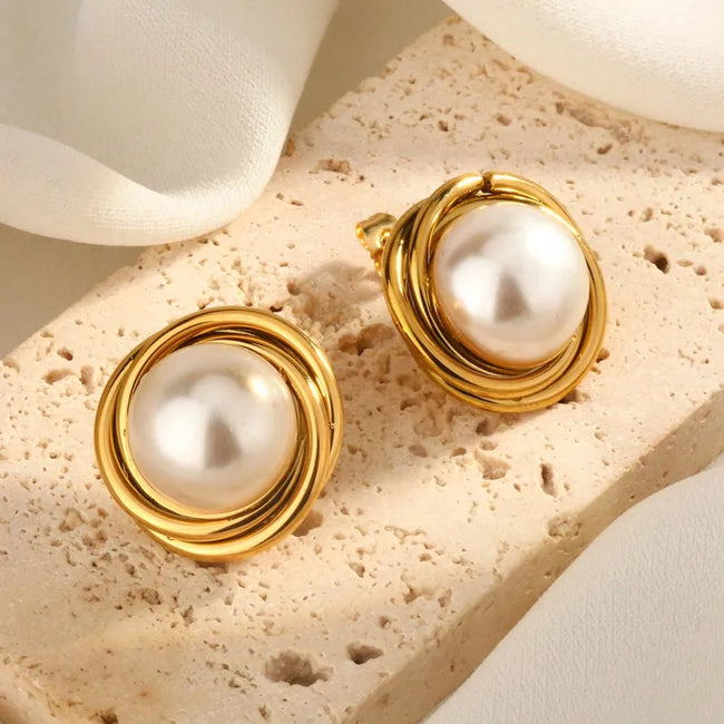Anti-Tarnish 18K Gold Plated Pearl Knot Stud Earrings for Women — Stainless Steel