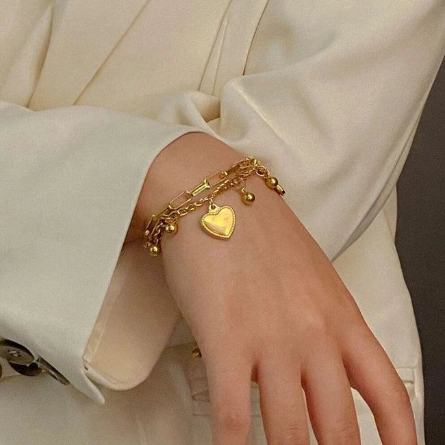 Anti-Tarnish 18K Gold Plated Dainty Heart Charm Bracelet For Women — Stackable