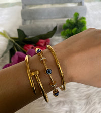 Nail, Bamboo & Evil Eye Bangle Stack — Anti-Tarnish 18K Gold Set of 3